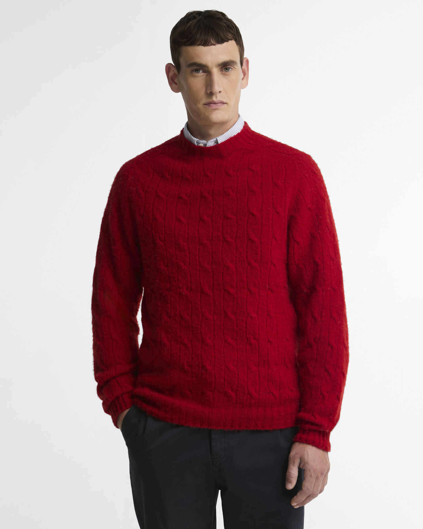 Scottish Made Cable-Knit Wool Crew Neck Jumper Red