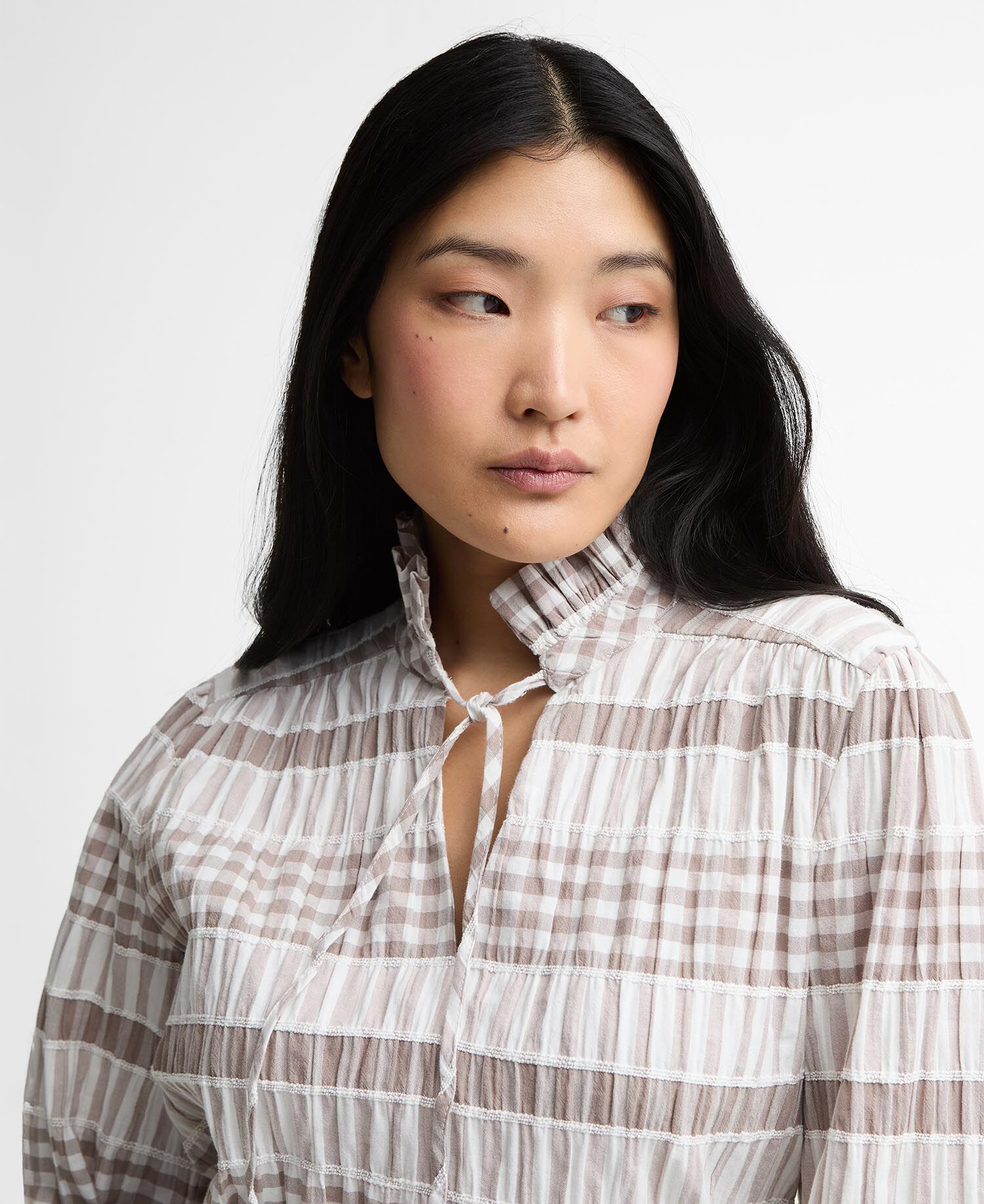 Hinton Gingham Ruffled Blouse Sand/White Gingham