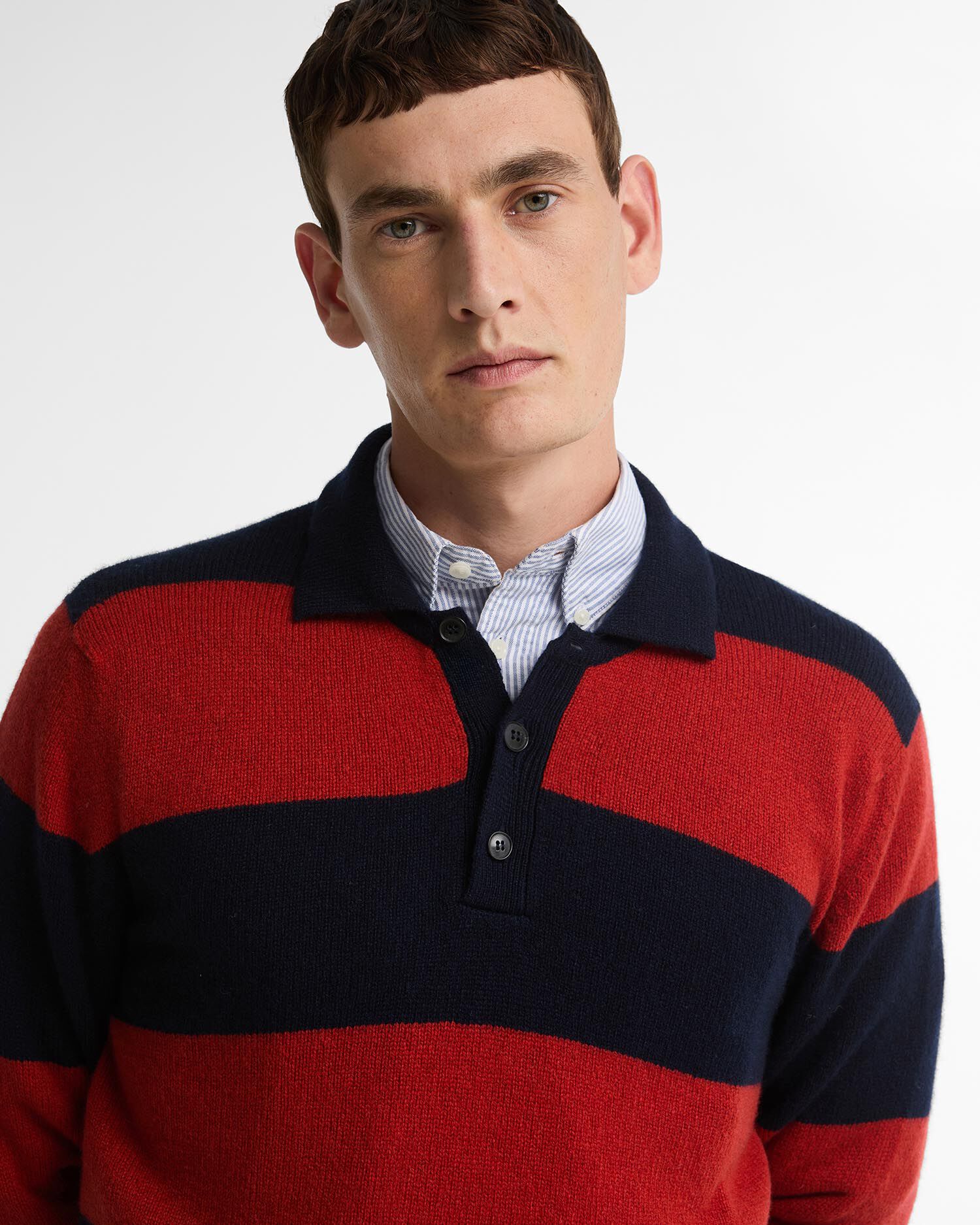 Made in Scotland Striped Wool Polo Shirt Navy