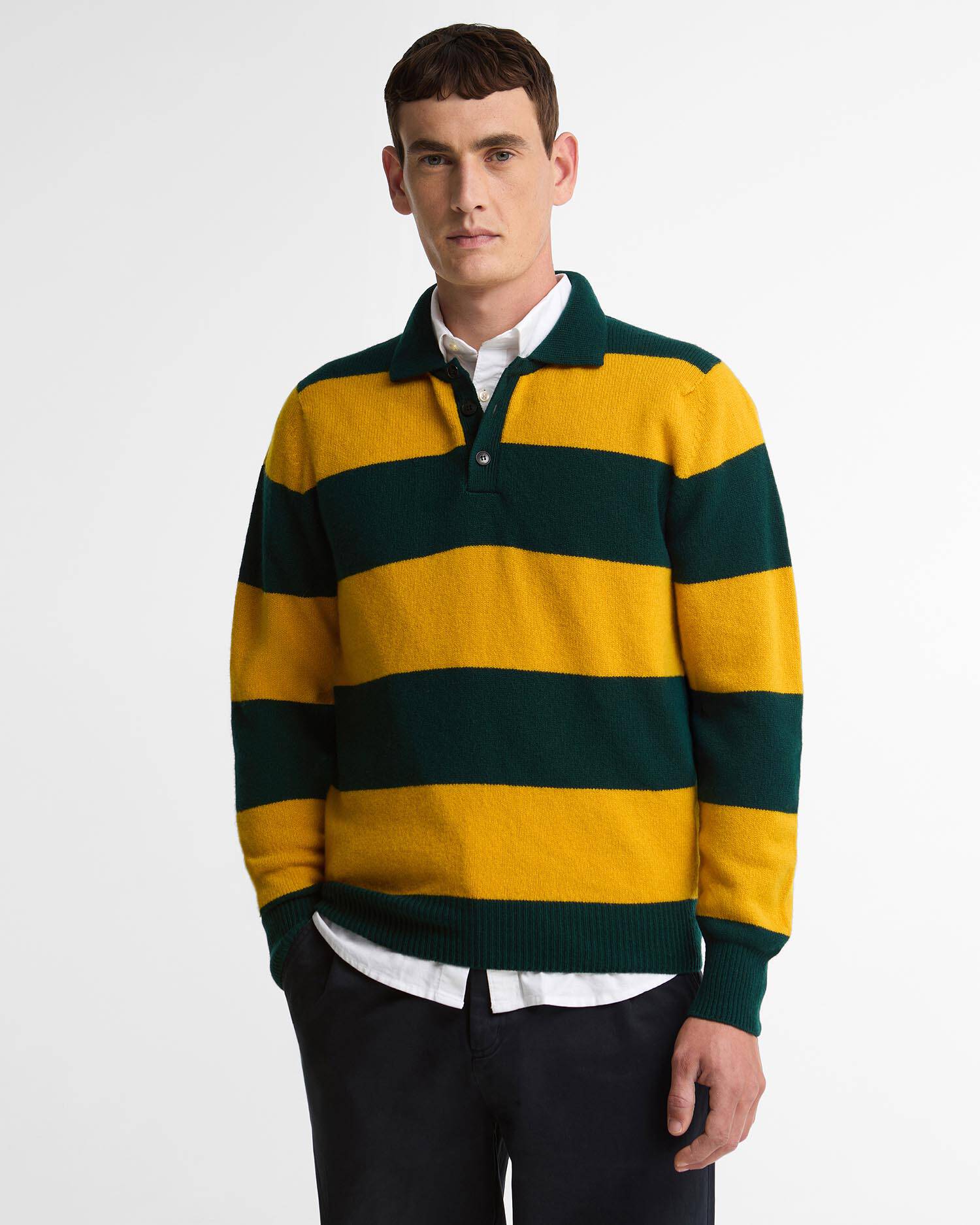 Made in Scotland Striped Wool Polo Shirt Seaweed image number 0