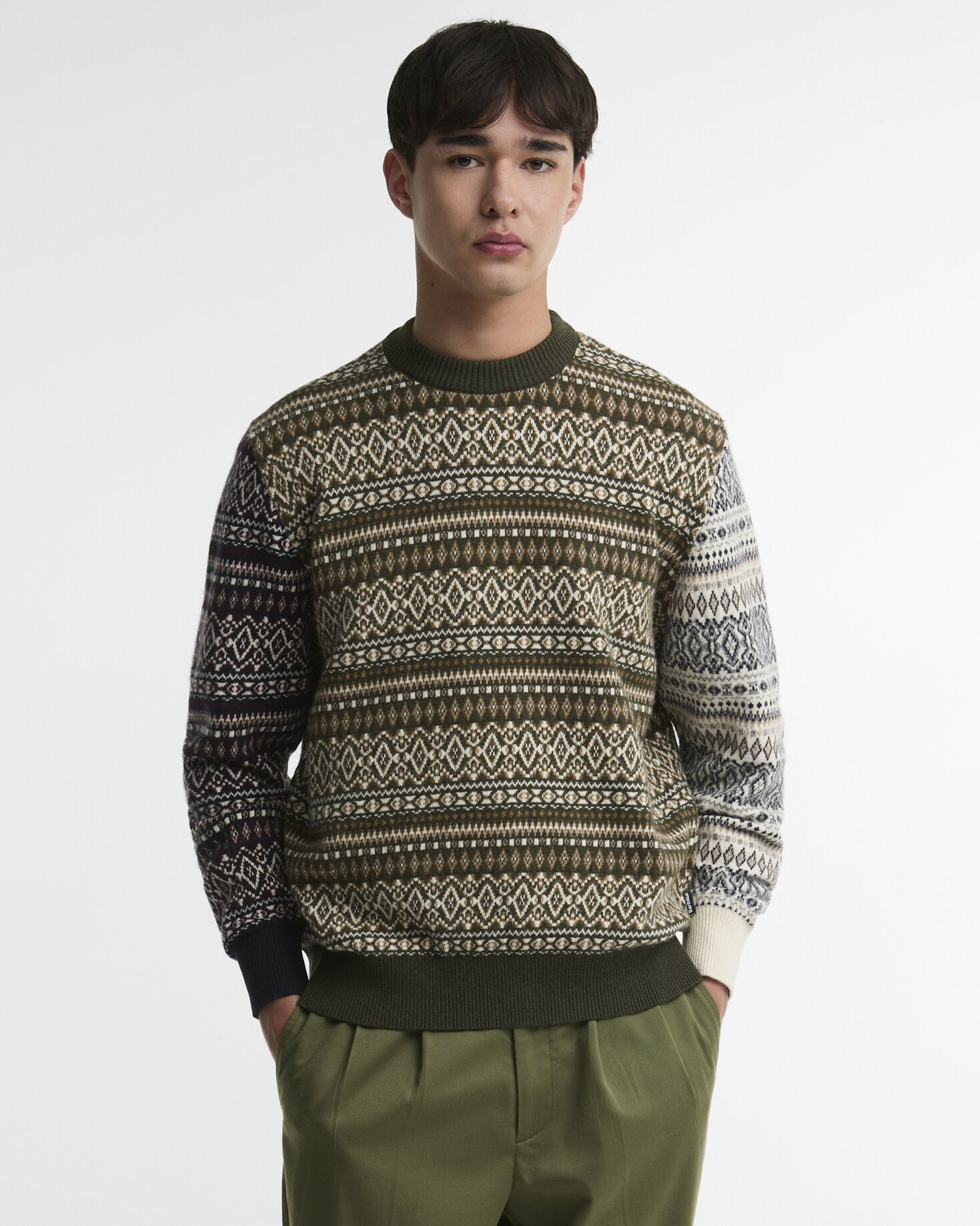 Barbour Pullover Hardale Patchwork Rundhalsausschnitt Olive
