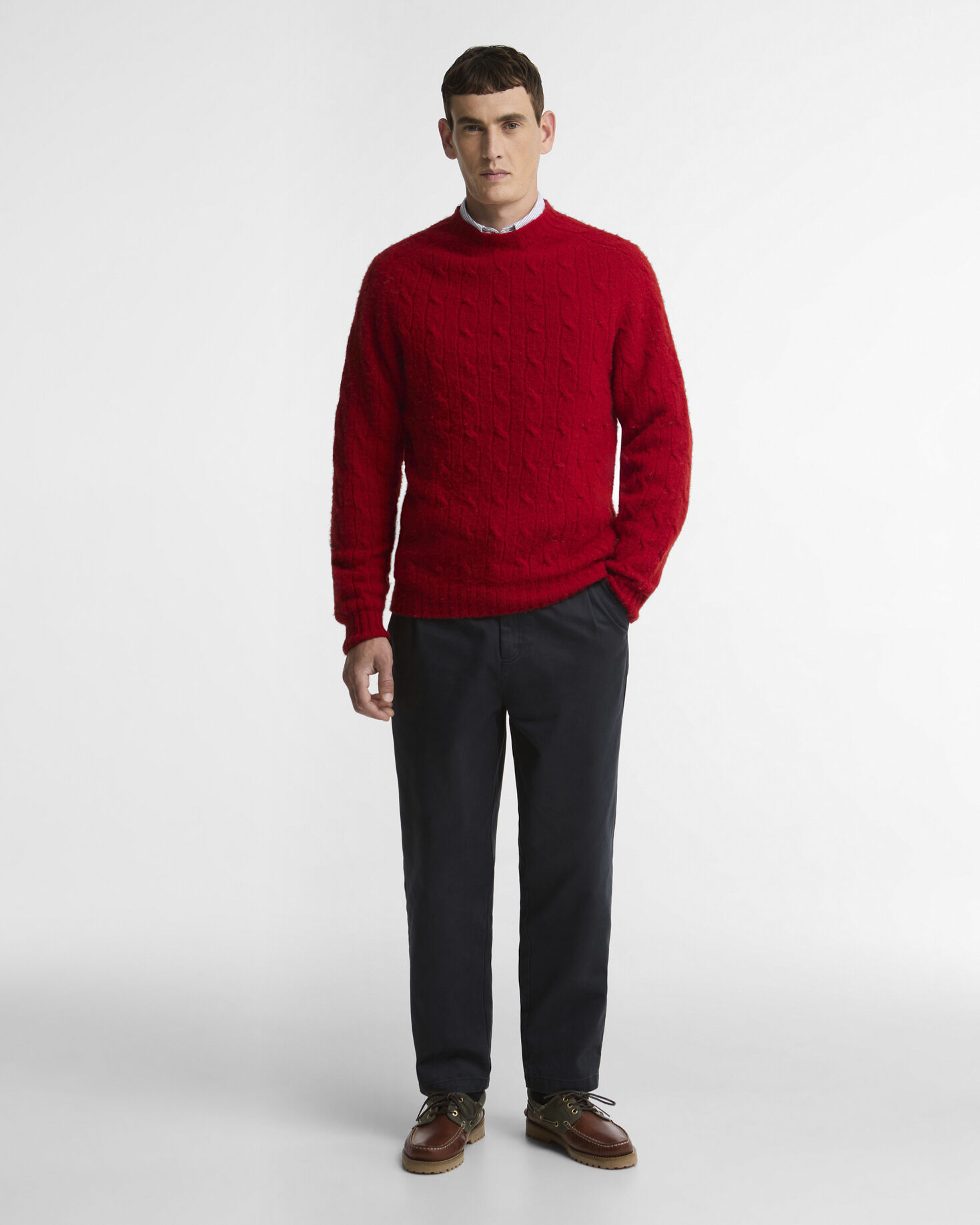 Scottish Made Cable-Knit Wool Crew Neck Jumper Red