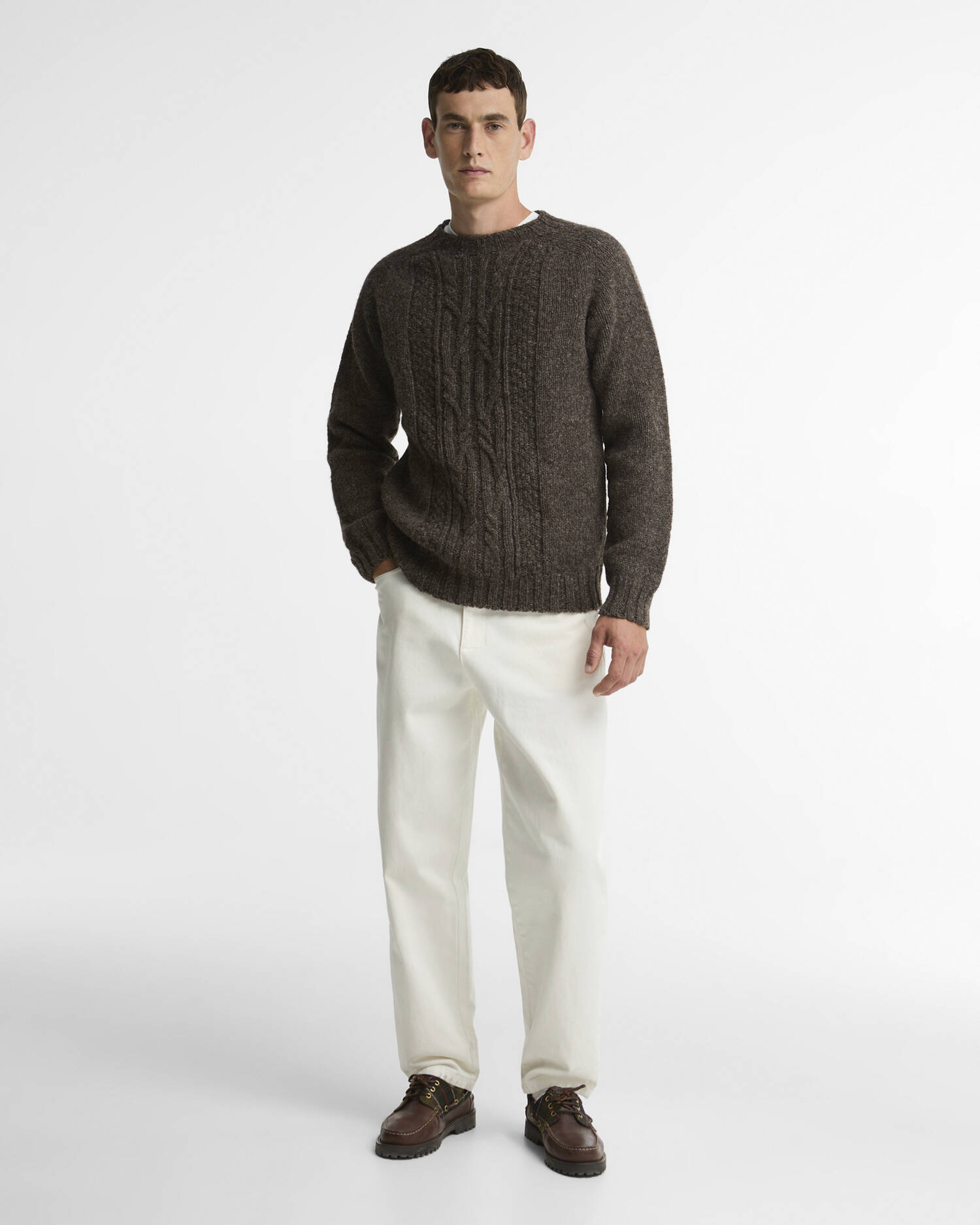 Scottish Made Natural Yarn Cable Knit Jumper Medium Brown image number 1