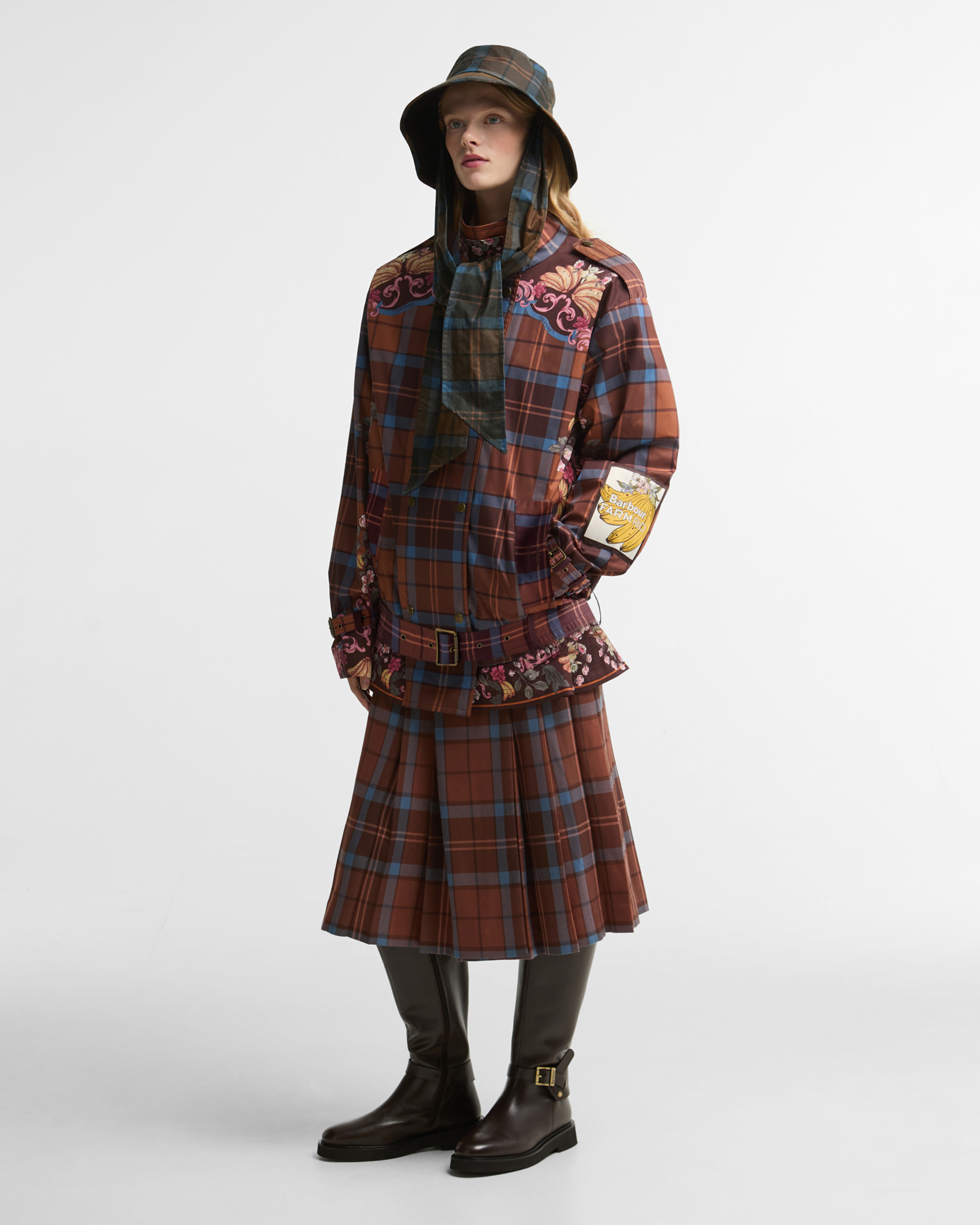 Barbour FARM Rio Petrea Belted Showerproof Jacket Tropical Tea Tartan/Banana Print