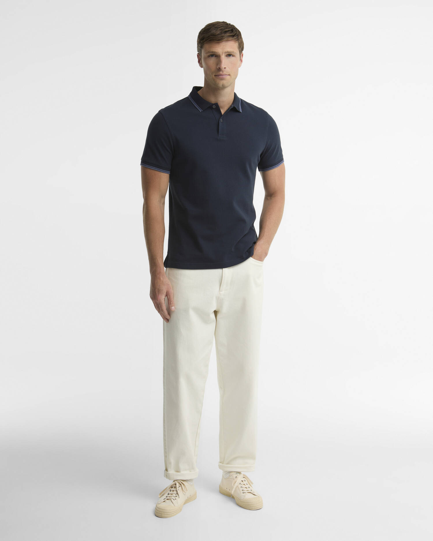 Lunan Tartan Trimmed Tailored Polo Shirt Navy image number 1