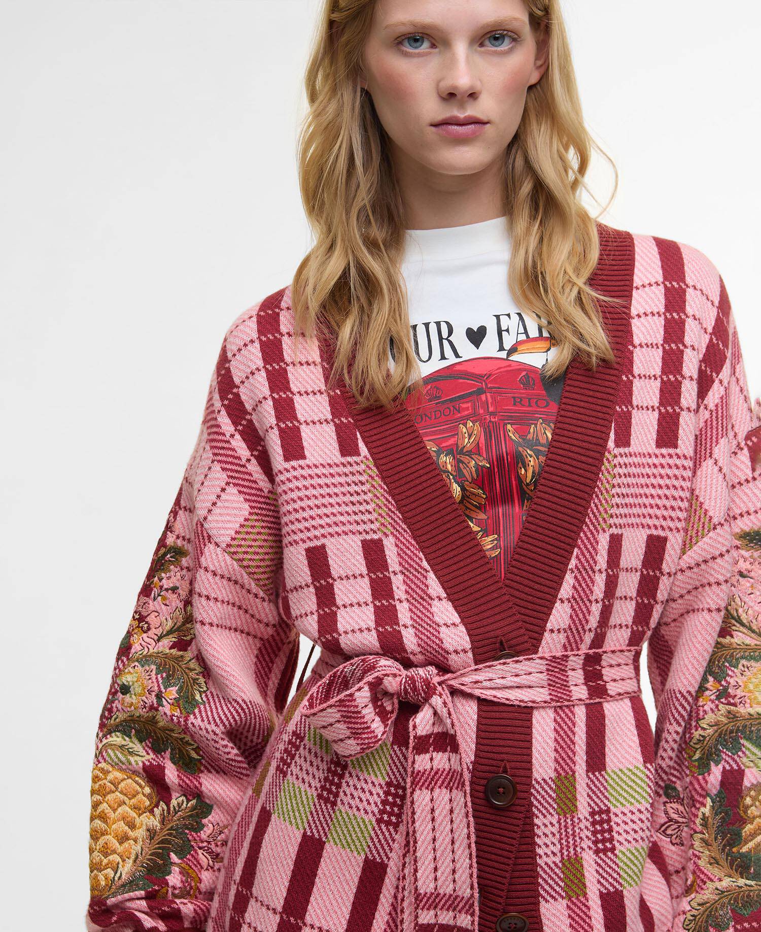 Barbour FARM Rio Luisa Embroidered Cardigan Pink Tartan image number 3