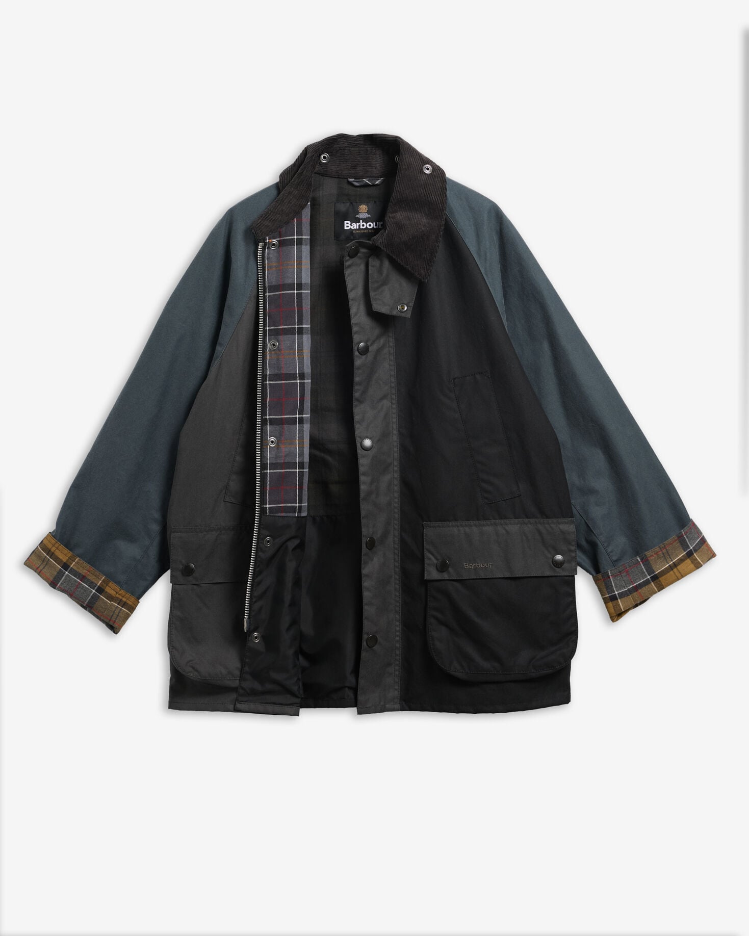 Patchwork Oversized Bedale Waxed Jacket Black Multi