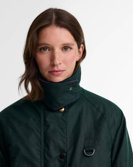 Paul Smith Loves Barbour Women's Long Spey  Waxed Jacket Bottle Green Heraldry Print