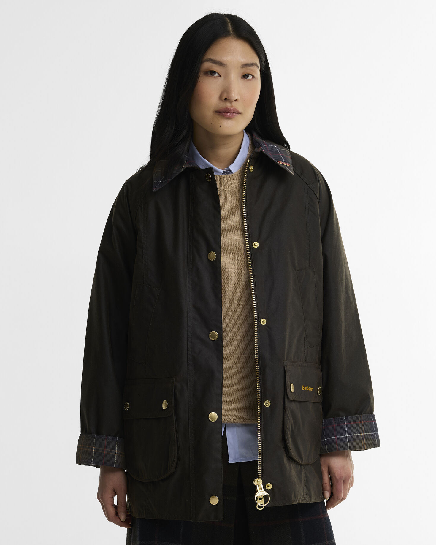 Giacca cerata Modern Beadnell con colletto in tartan Icons Olive/Classic