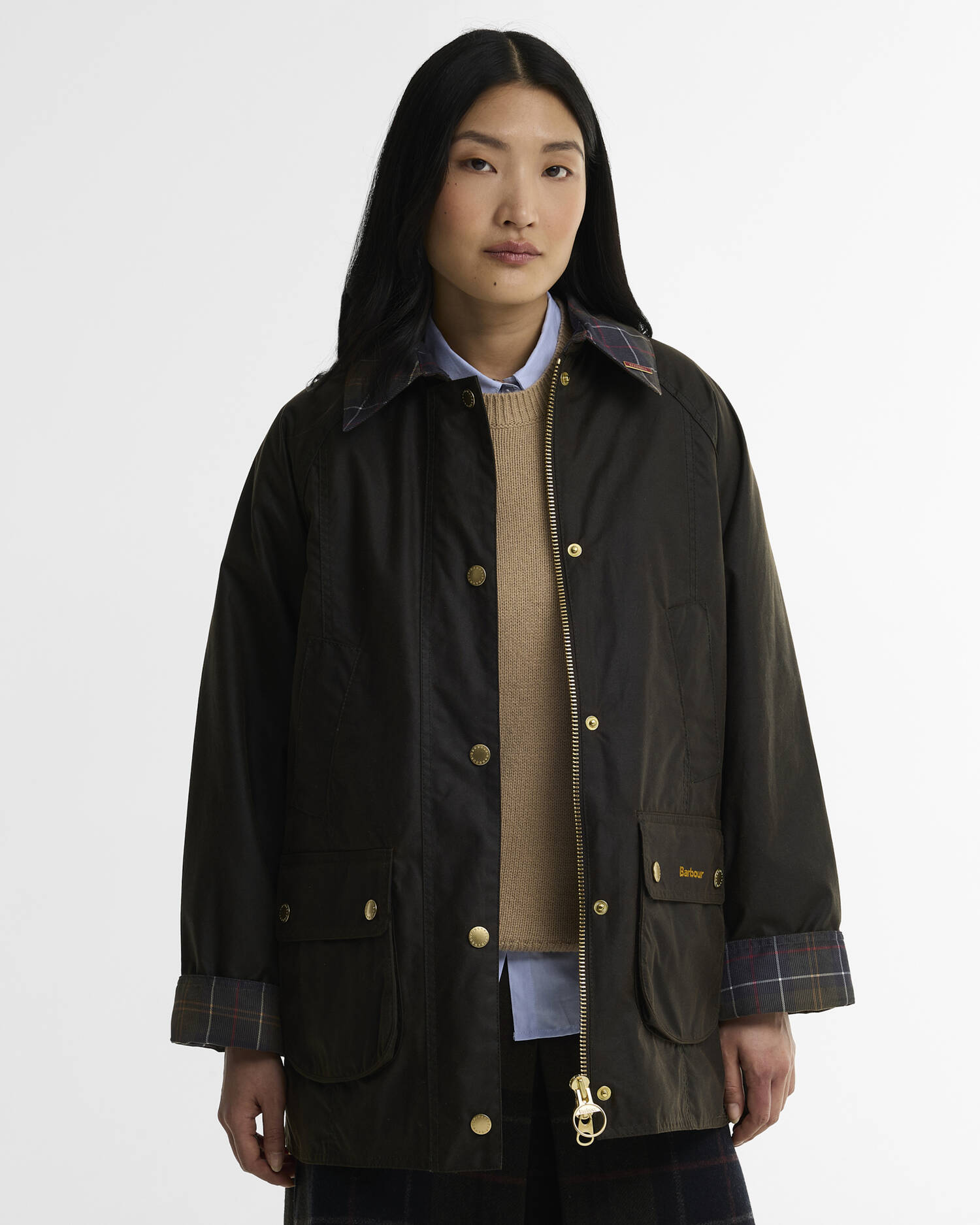Giacca cerata Modern Beadnell con colletto in tartan Icons Olive/Classic image number 0