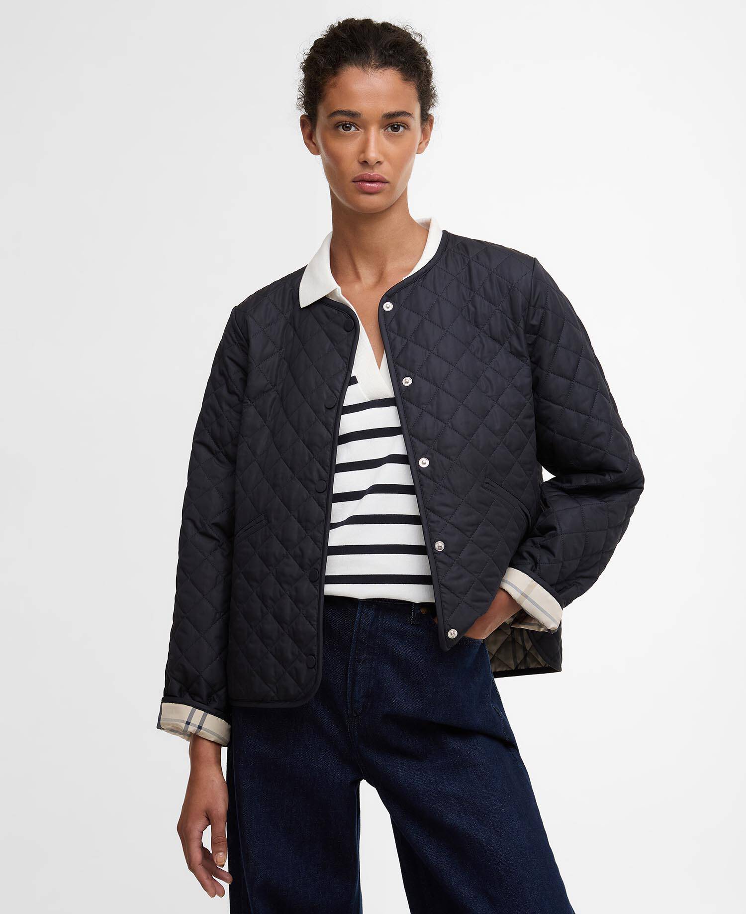 Cashel Collarless Quilted Jacket Dark Navy/Dress Navy Tartan image number 0