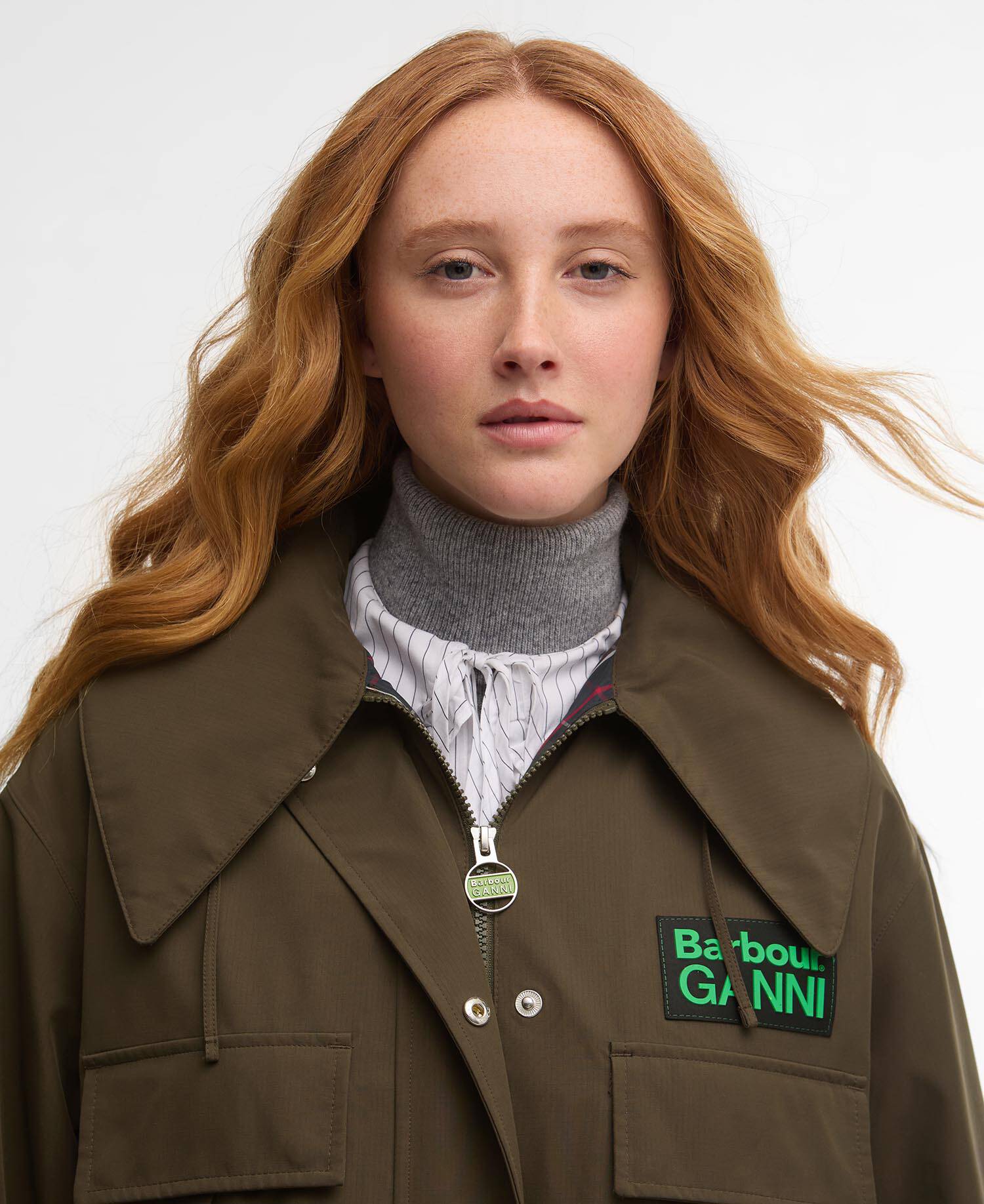 Barbour x GANNI Waterproof Parka Jacket Olive/Classic Tartan image number 2