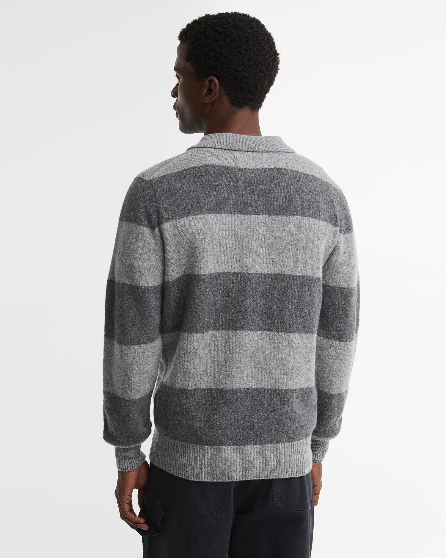 Made in Scotland Striped Wool Polo Shirt Grey Marl