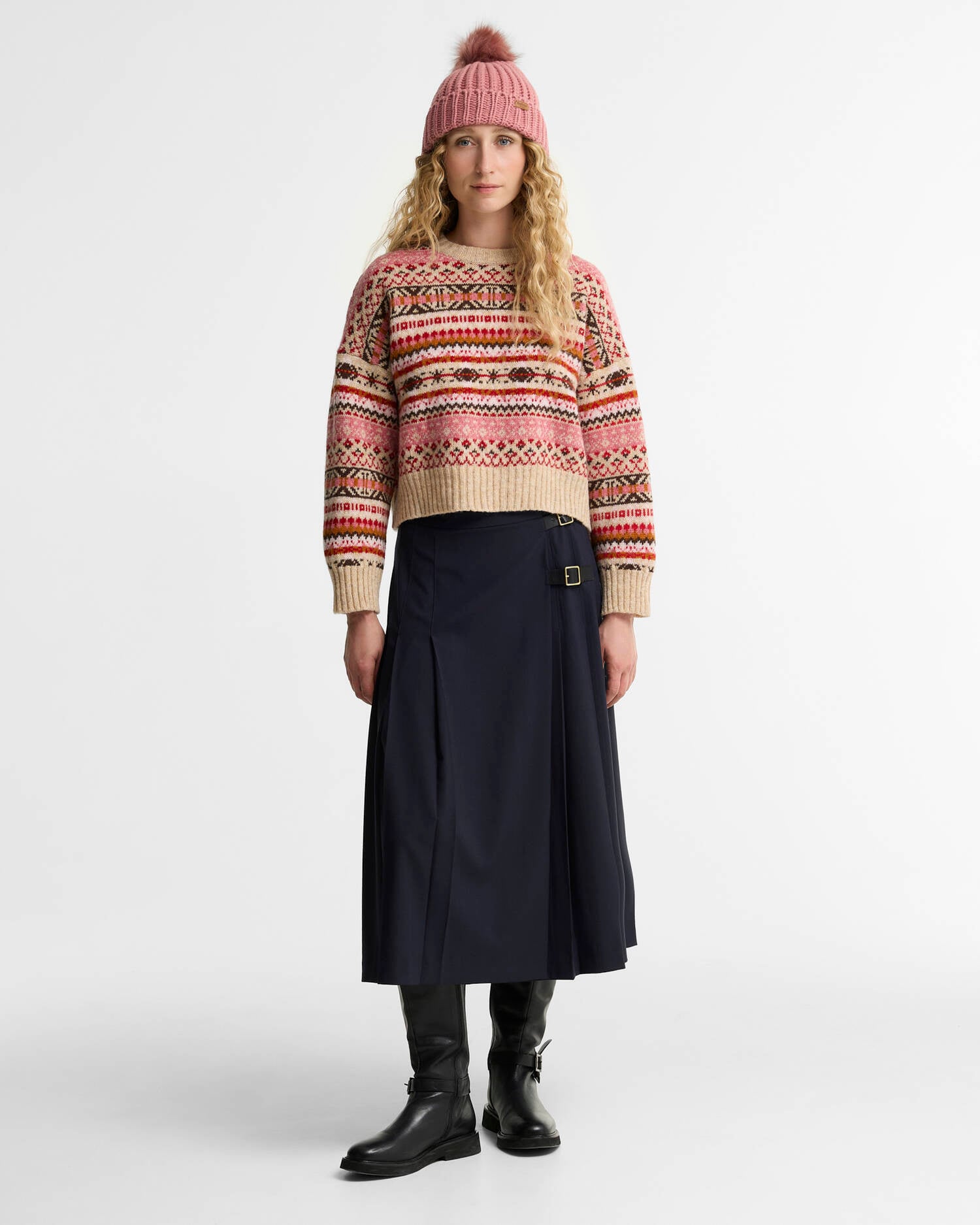 Scottish Made Overton Wool Cropped Crew Neck Jumper Raspberry Multi image number 1