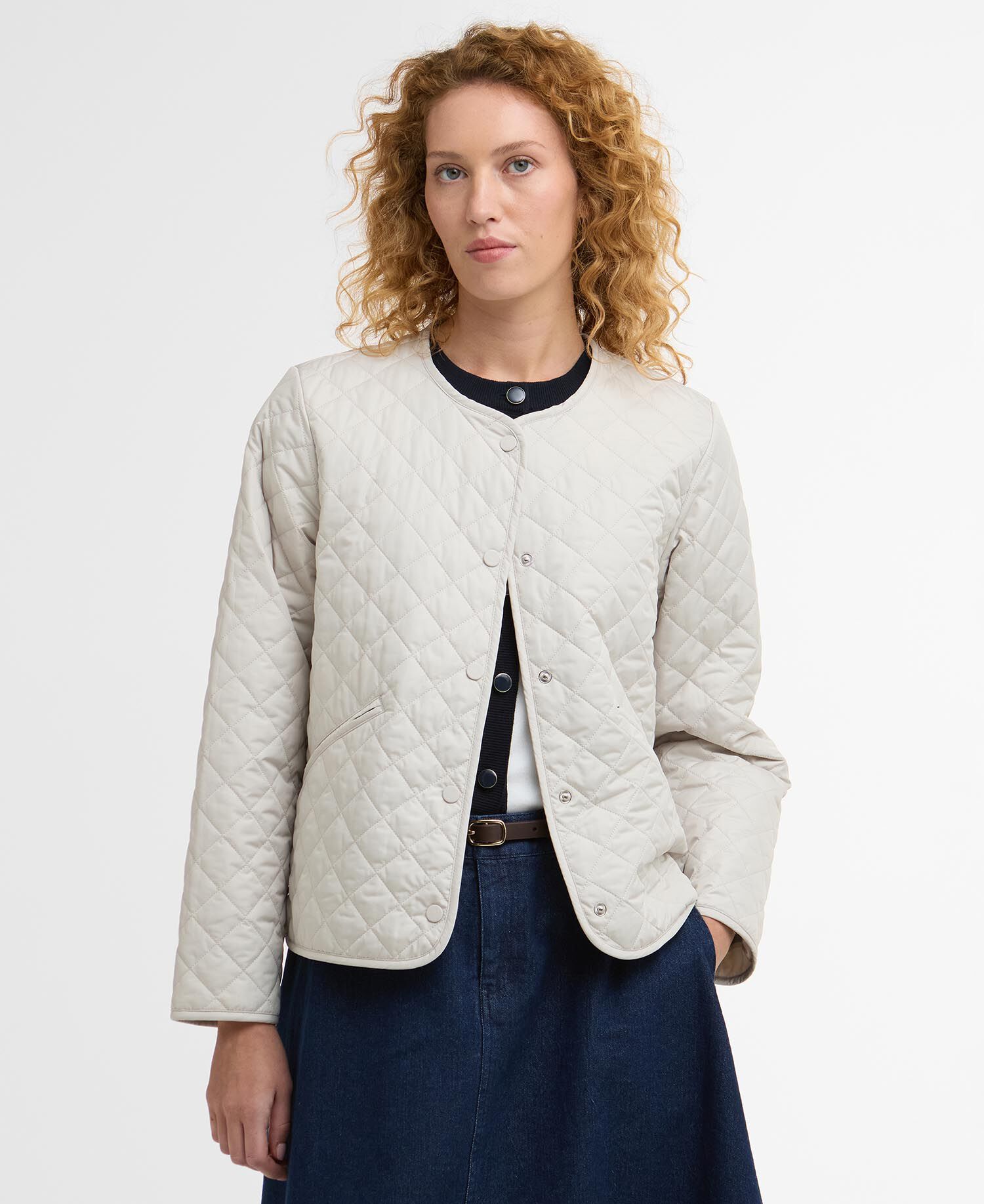 Cashel Collarless Quilted Jacket Mist/Dress Navy Tartan