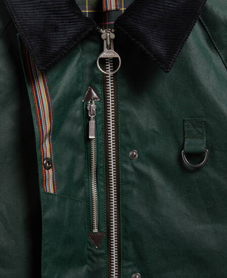 Paul Smith Loves Barbour Women's Long Spey  Waxed Jacket Bottle Green Heraldry Print
