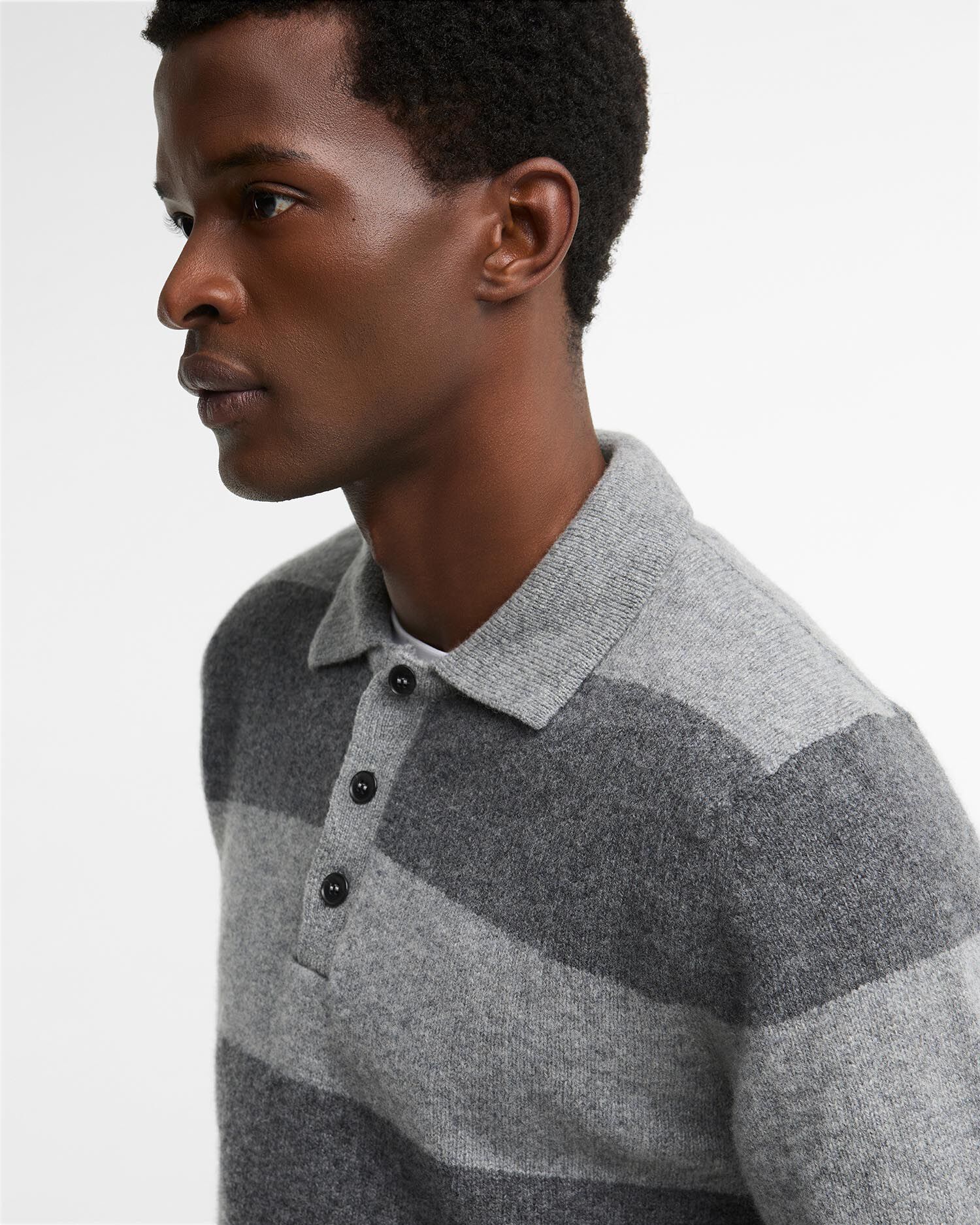 Made in Scotland Striped Wool Polo Shirt Grey Marl
