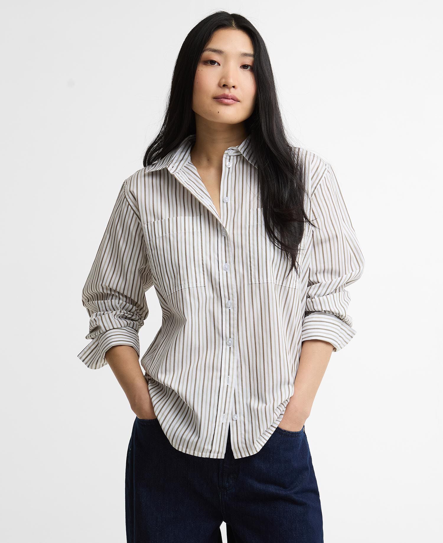 Camicia a maniche lunghe Fawley a righe dalla vestibilit&agrave; rilassata Dusky Green/Light Sand Stripe