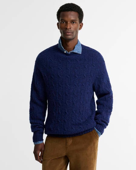 Scottish Made Cable-Knit Wool Crew Neck Jumper Deep Blue