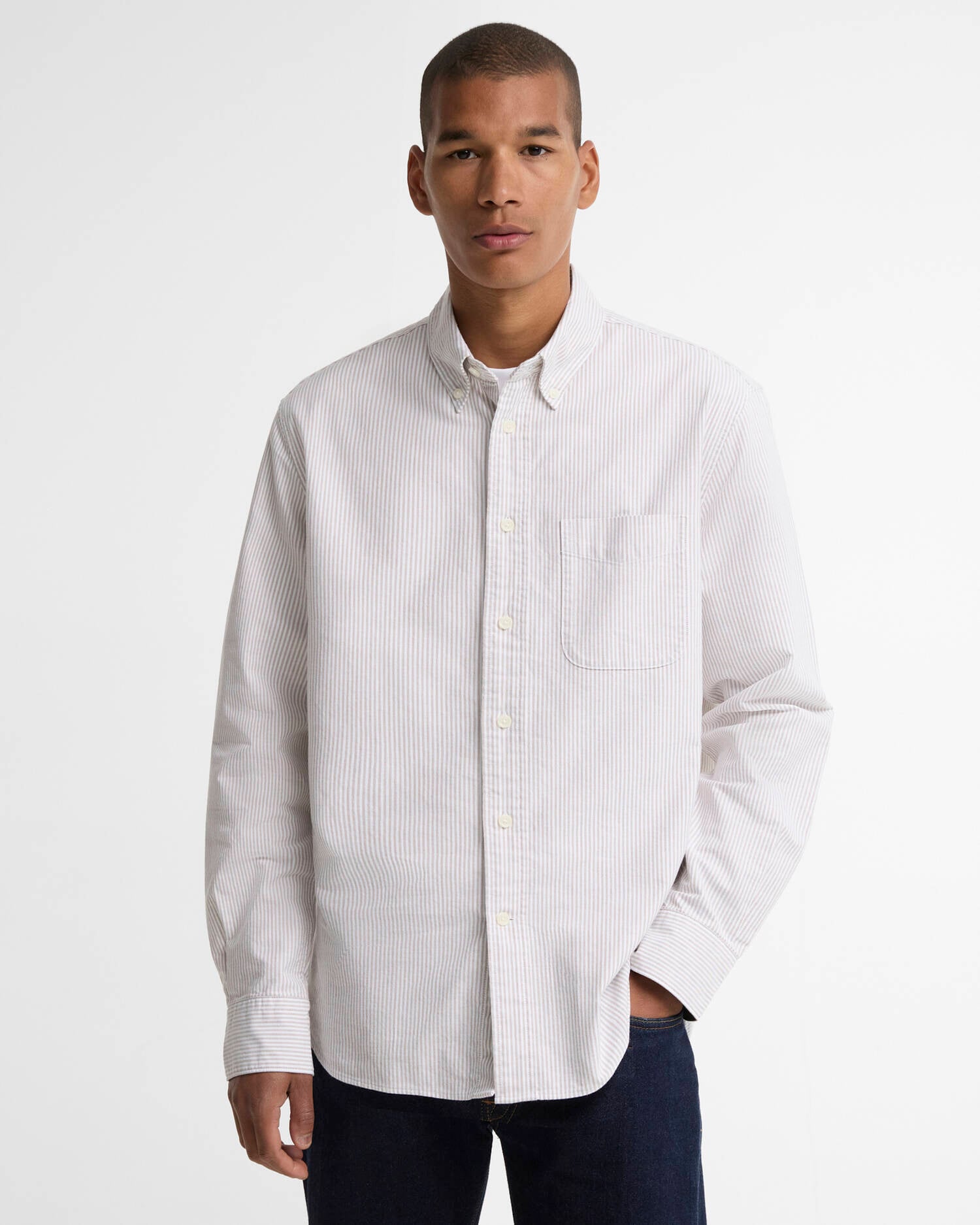 Striped Authentic-Fit Long-Sleeved Shirt Stone image number 0