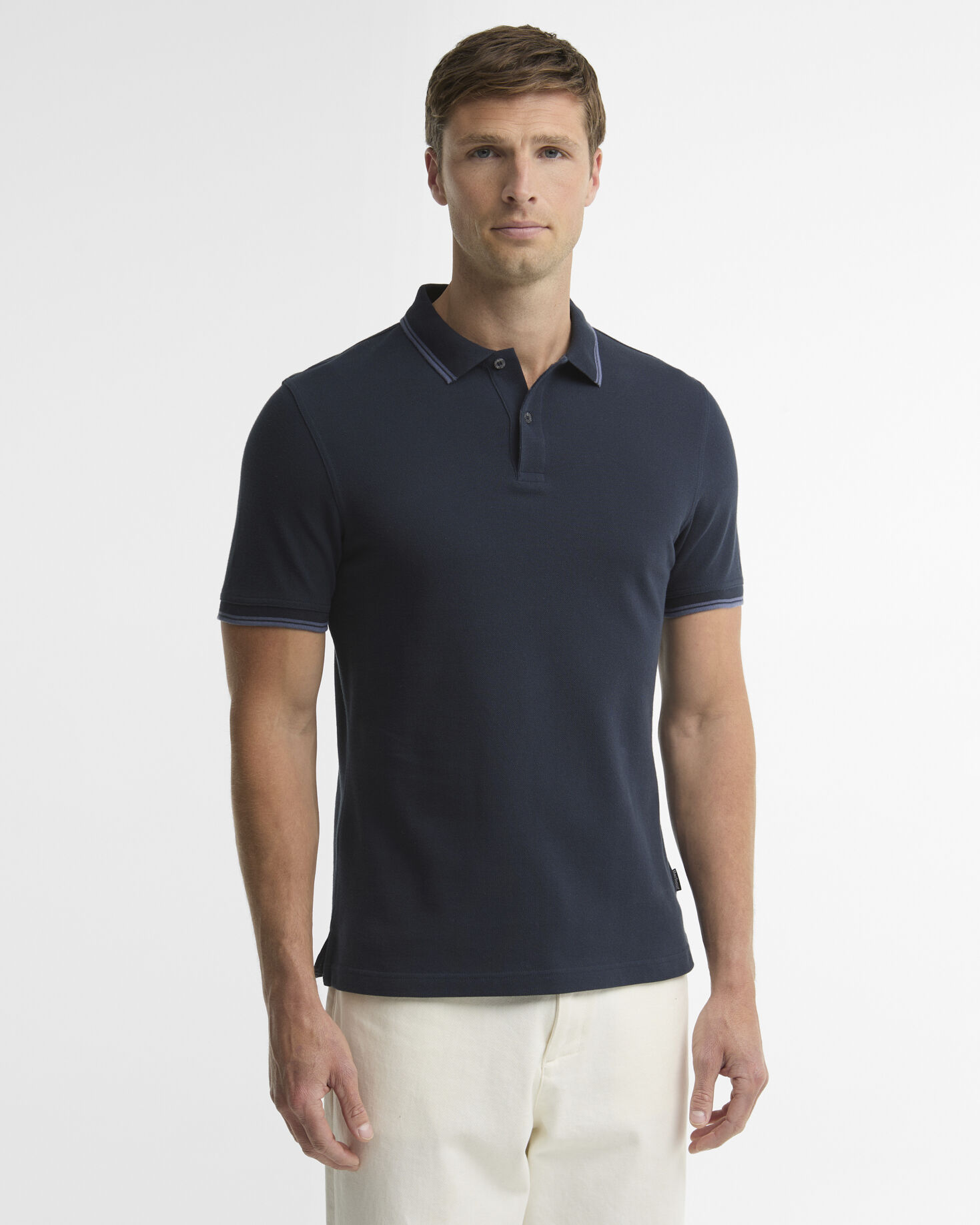 Lunan Tartan Trimmed Tailored Polo Shirt Navy