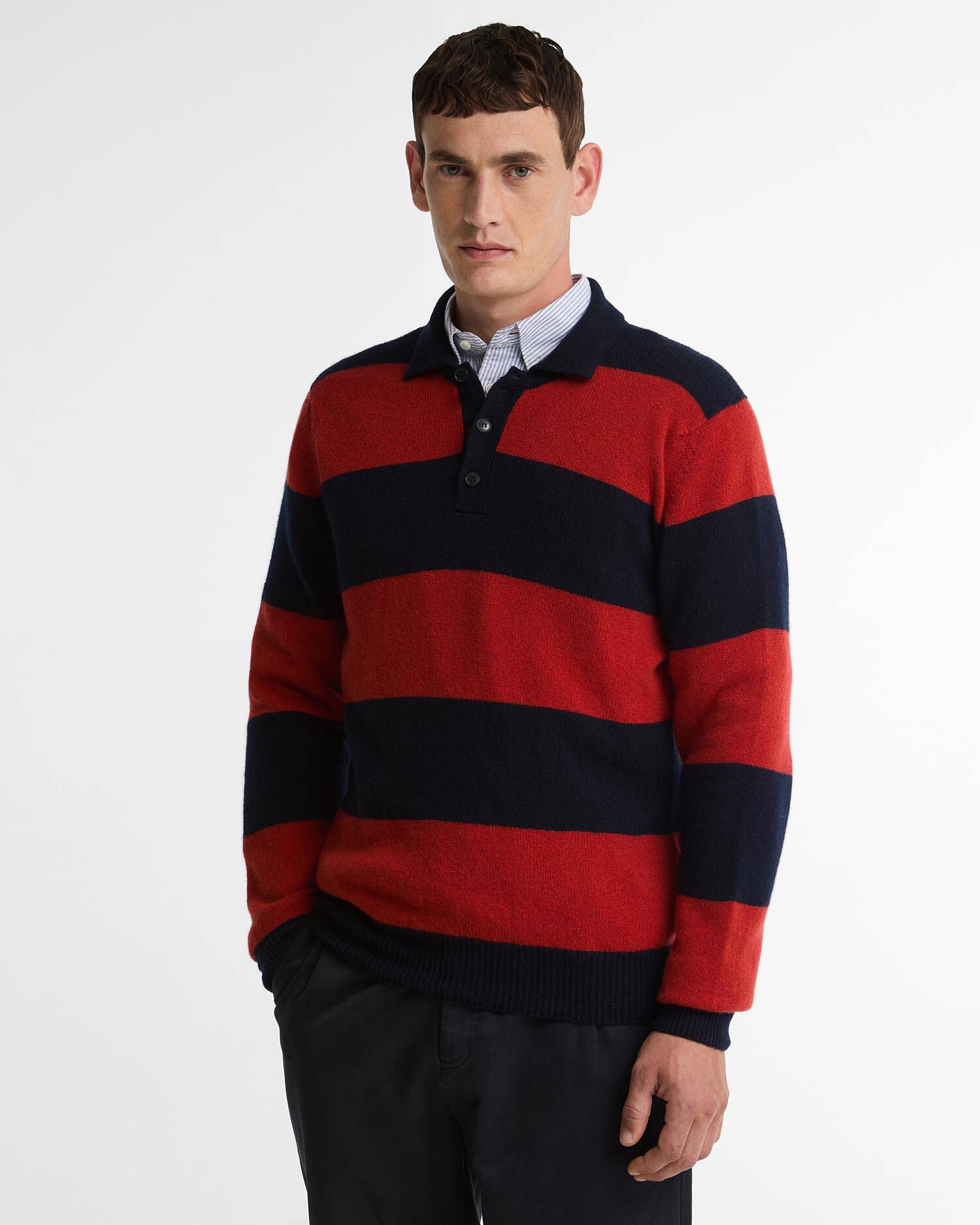 Made in Scotland Striped Wool Polo Shirt Navy image number 0
