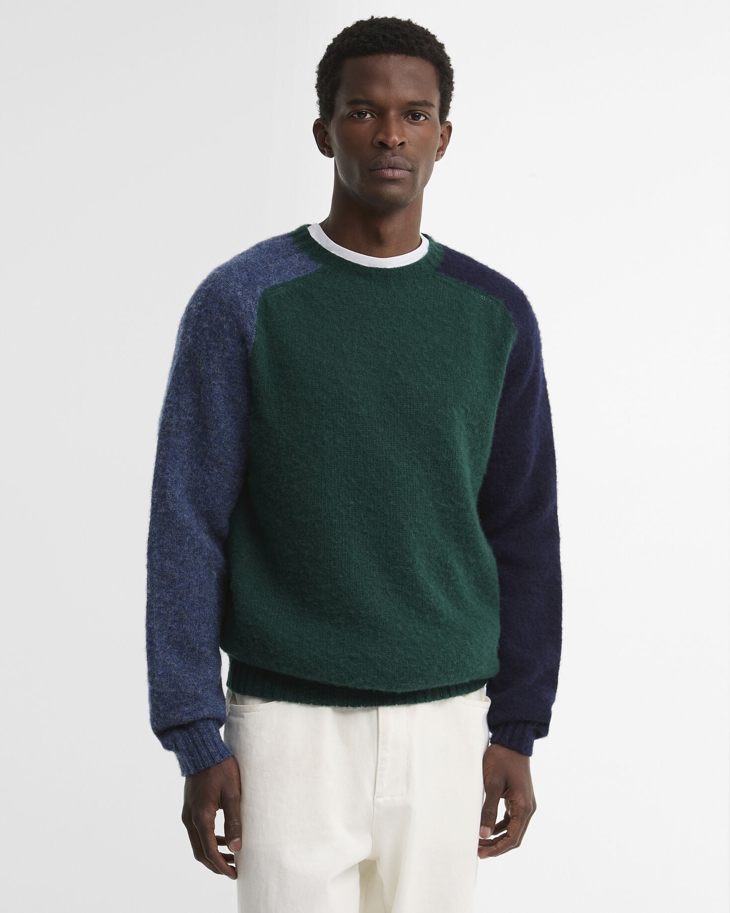 Scottish-Made Colour Block Wool Crew Neck Jumper Evergreen