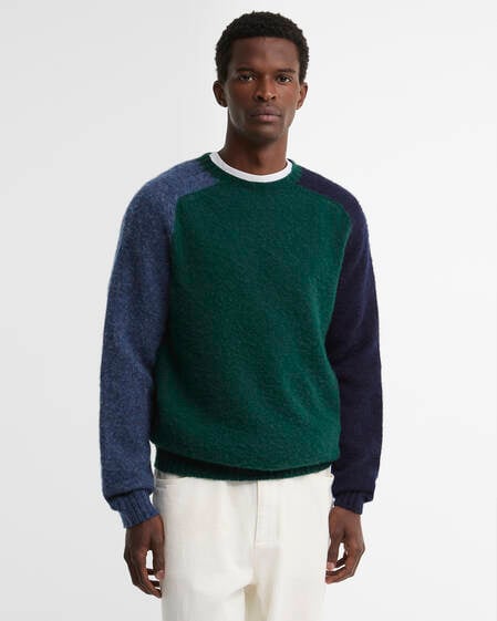 Scottish-Made Colour Block Wool Crew Neck Jumper Evergreen