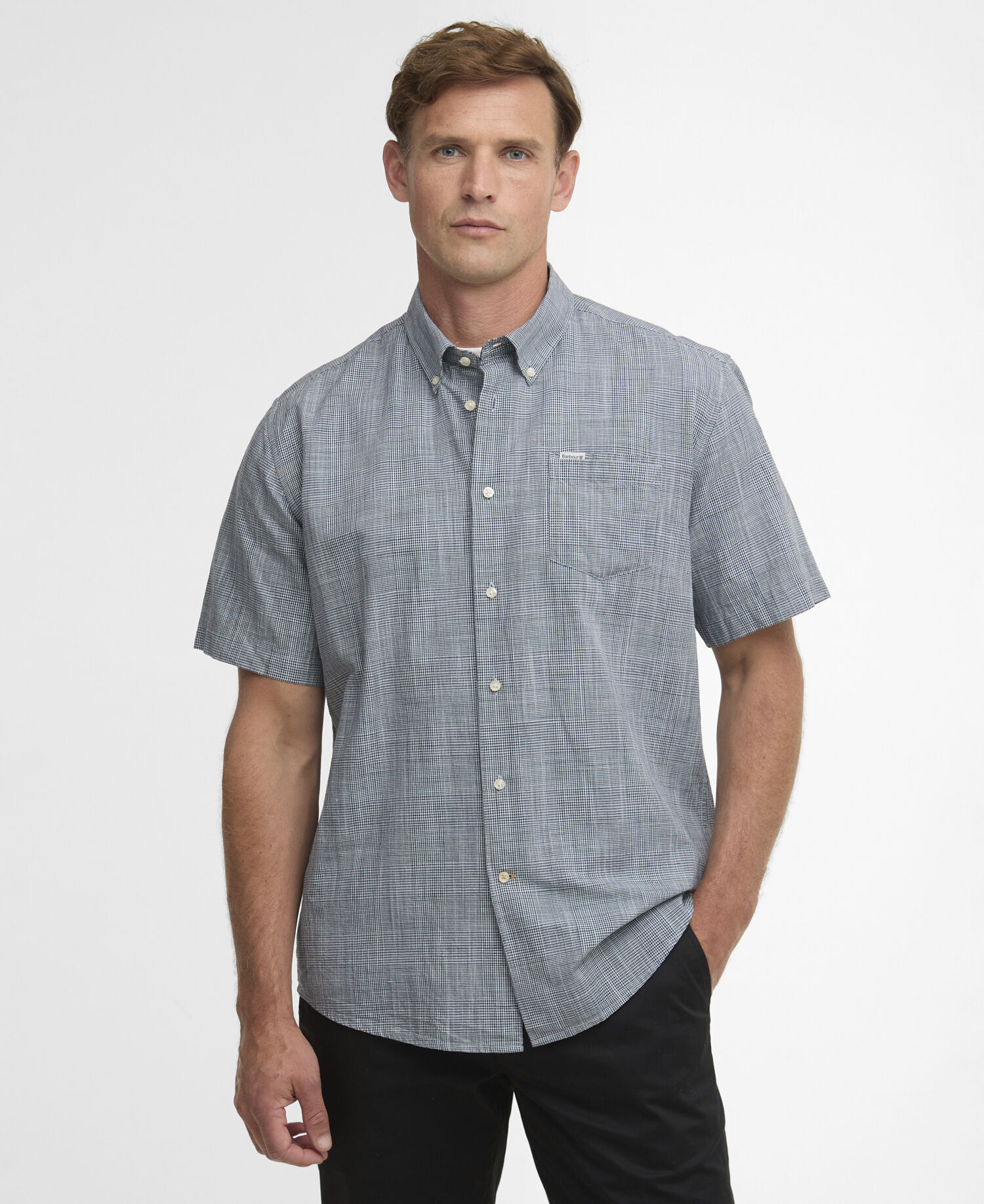 Camicia Fleming in misto lino a maniche corte dalla vestibilit&agrave; regular Navy