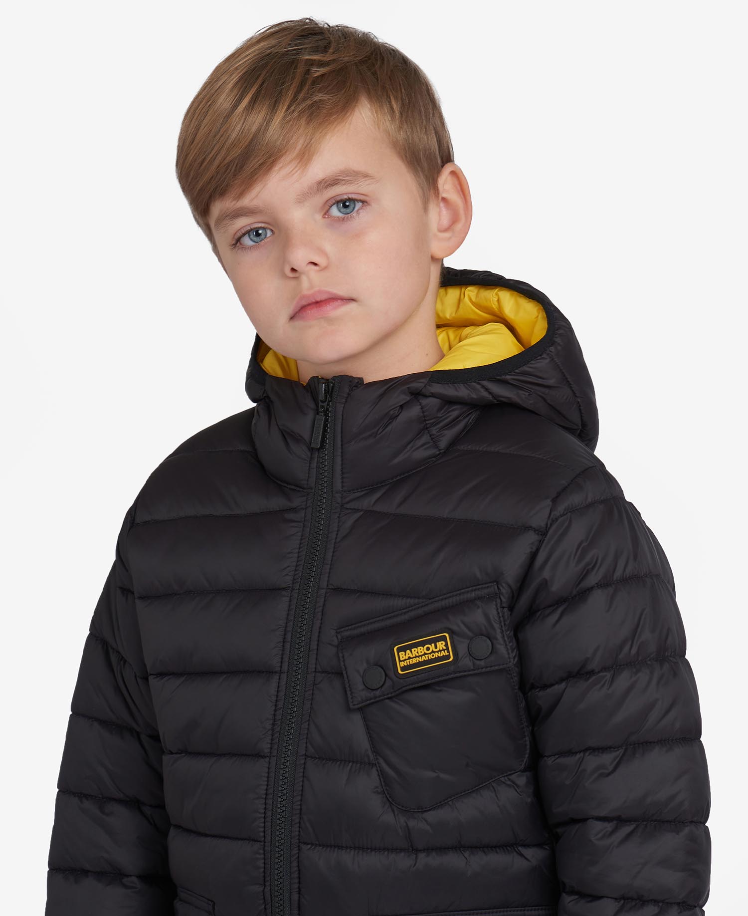 B.Intl Boys Ouston Hooded Quilted Jacket in Black Barbour
