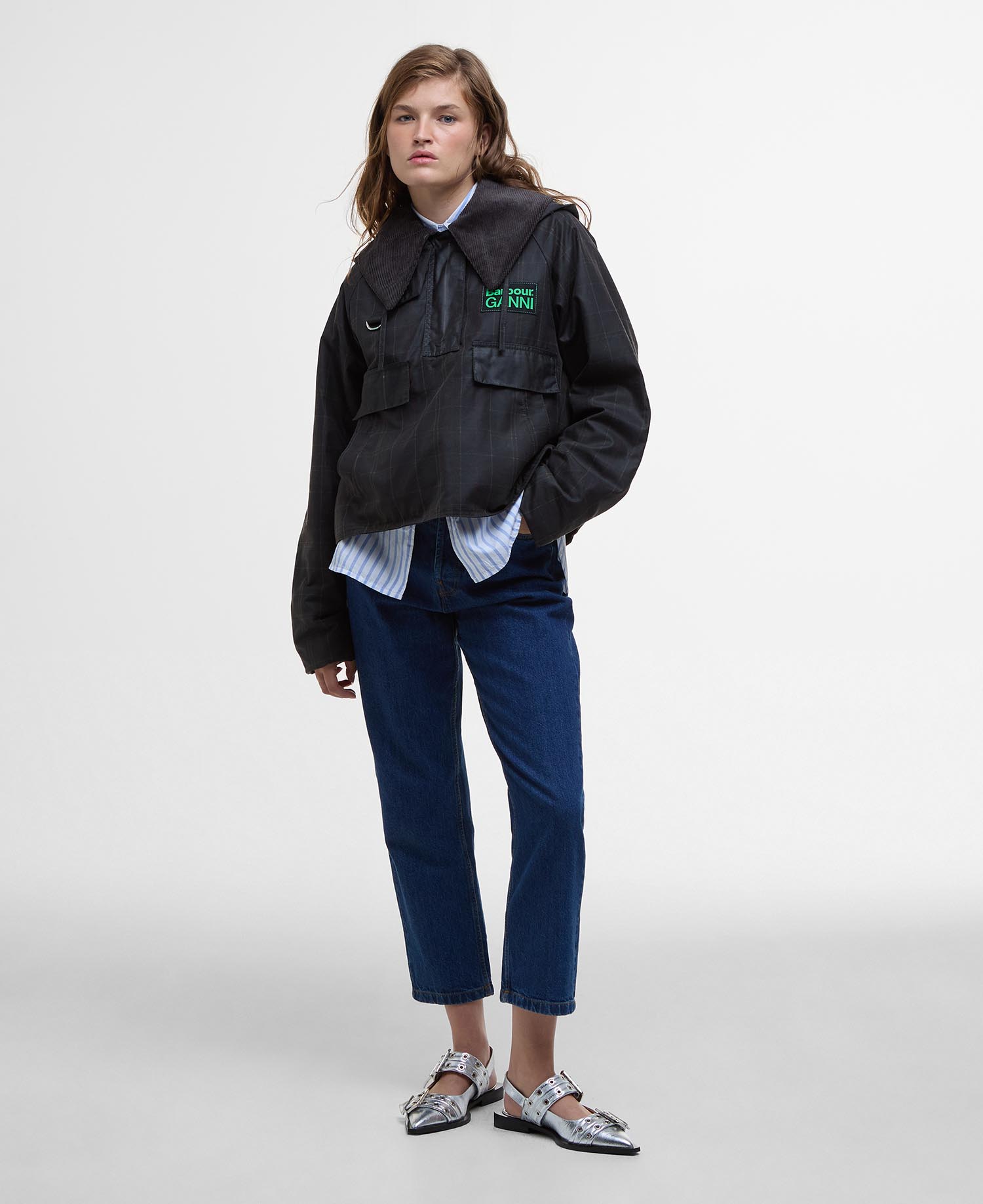 Shop the Barbour x GANNI Tartan Waxed Anorak in Green today