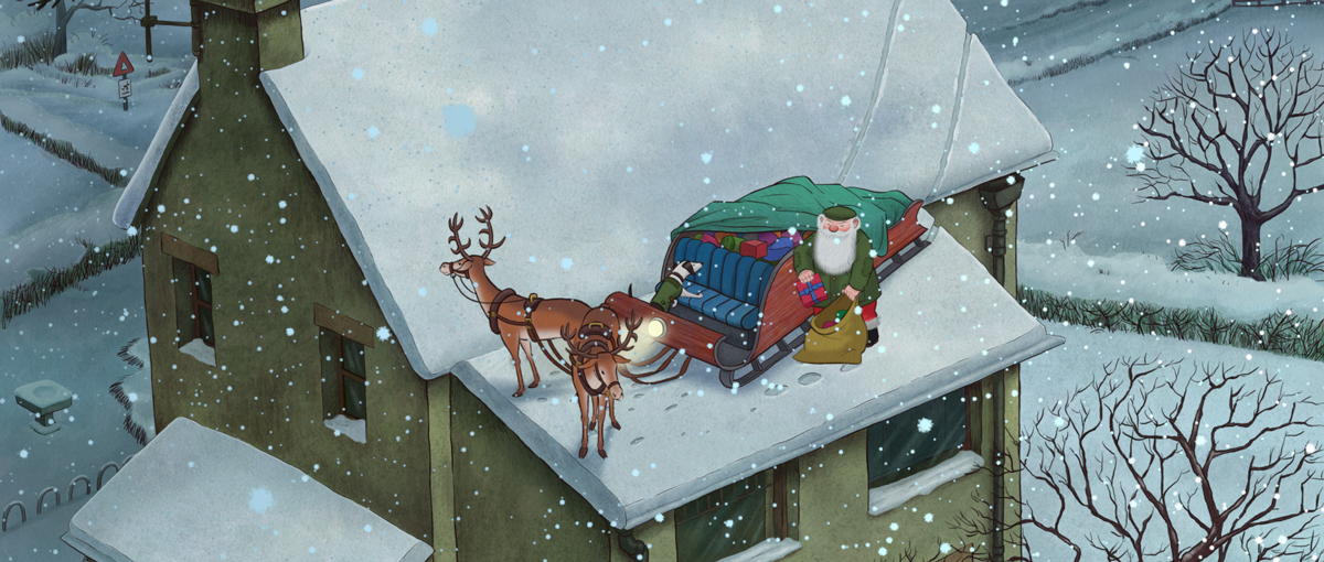 Father Christmas delivering presents on a snow-covered rooftop