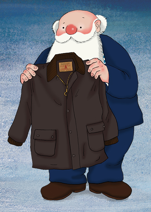 Father Christmas holding a Bedale waxed jacket
