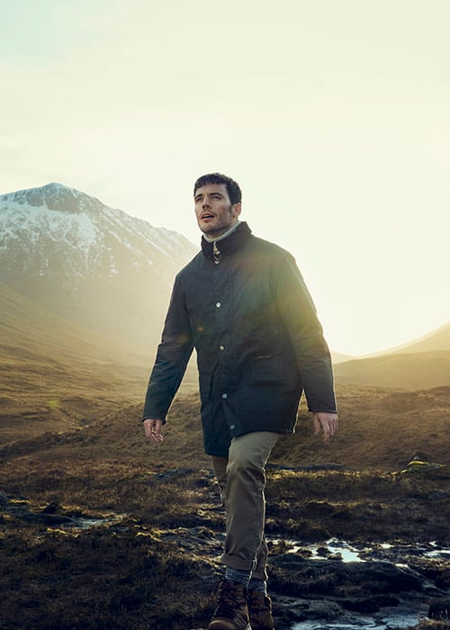 Sam Claflin styles Barbour Gold Standard AW20 at Glencoe Scotland