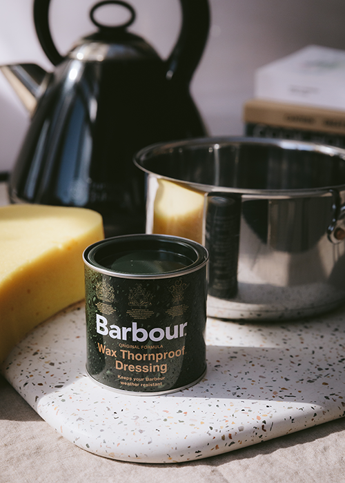 Barbour rewaxing thornproof dressing with pan and kettle