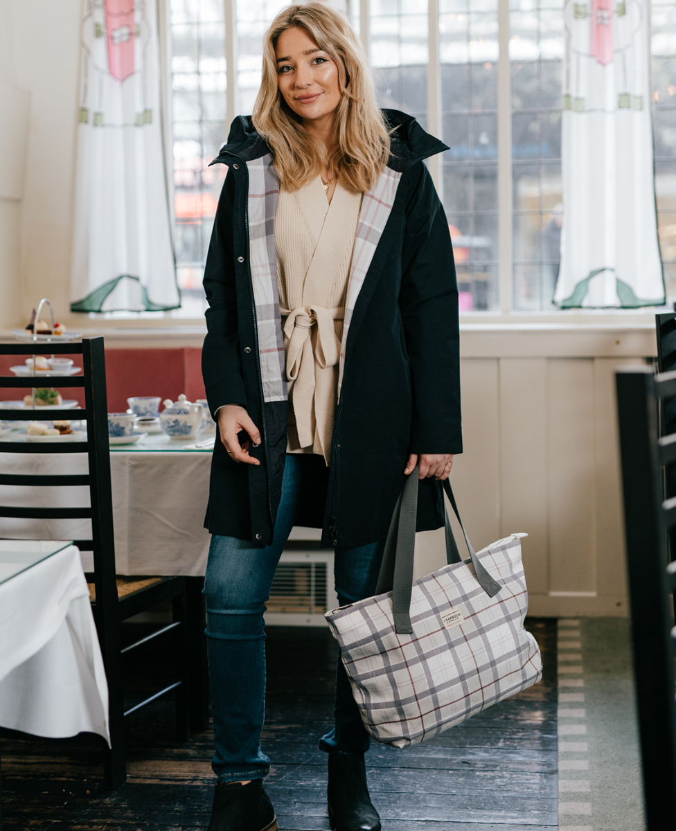 Emily Hunt wearing the lucie knit barbour jeans abigail boots and printed shopper bag