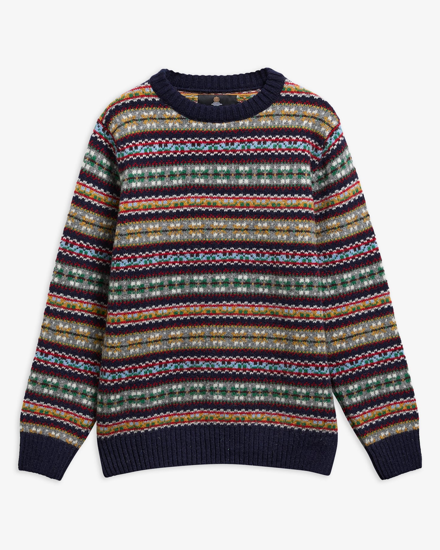 Scottish Made Fair Isle Wool Crew Neck Jumper Navy