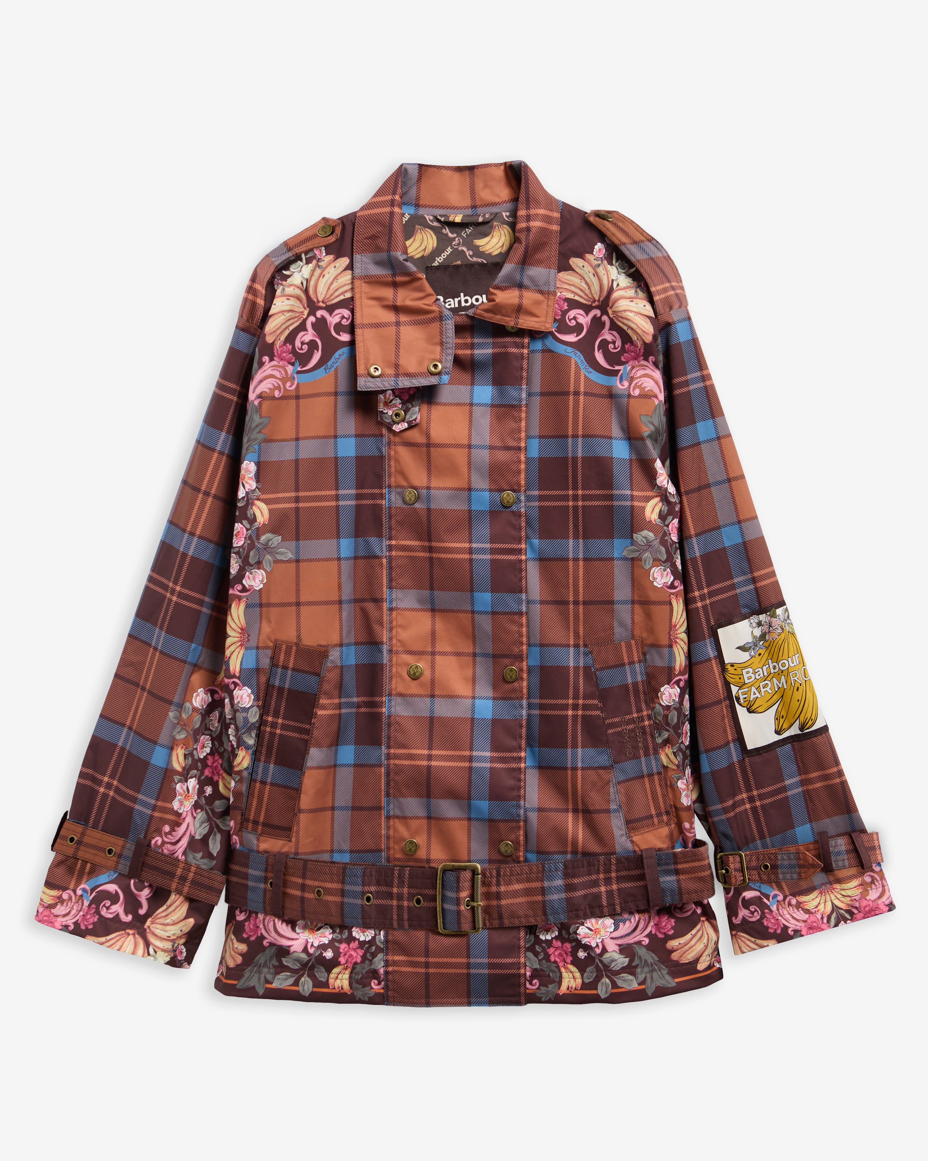 Barbour FARM Rio Petrea Belted Showerproof Jacket Tropical Tea Tartan/Banana Print