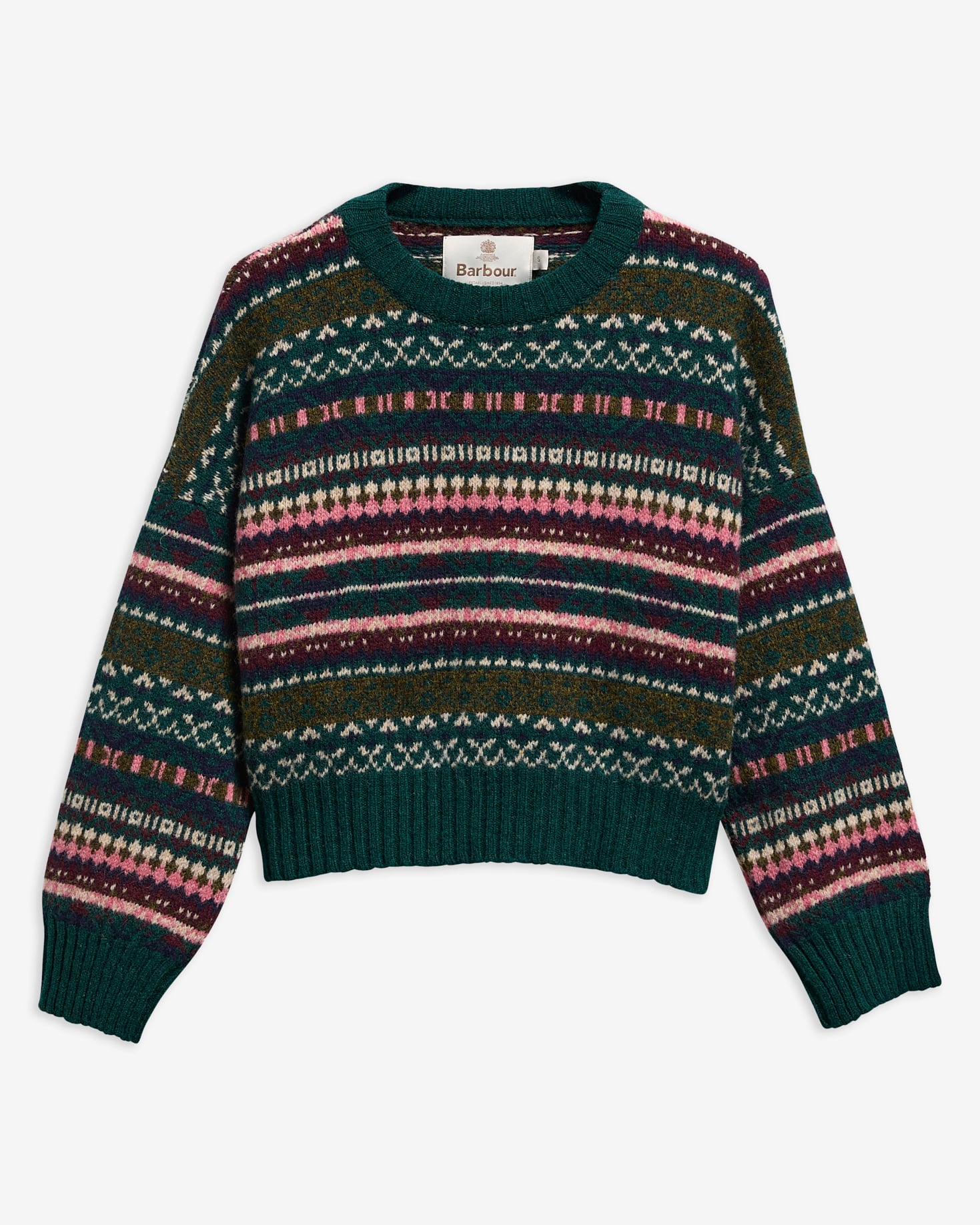 Scottish Made Overton Wool Cropped Crew Neck Jumper Olive Multi