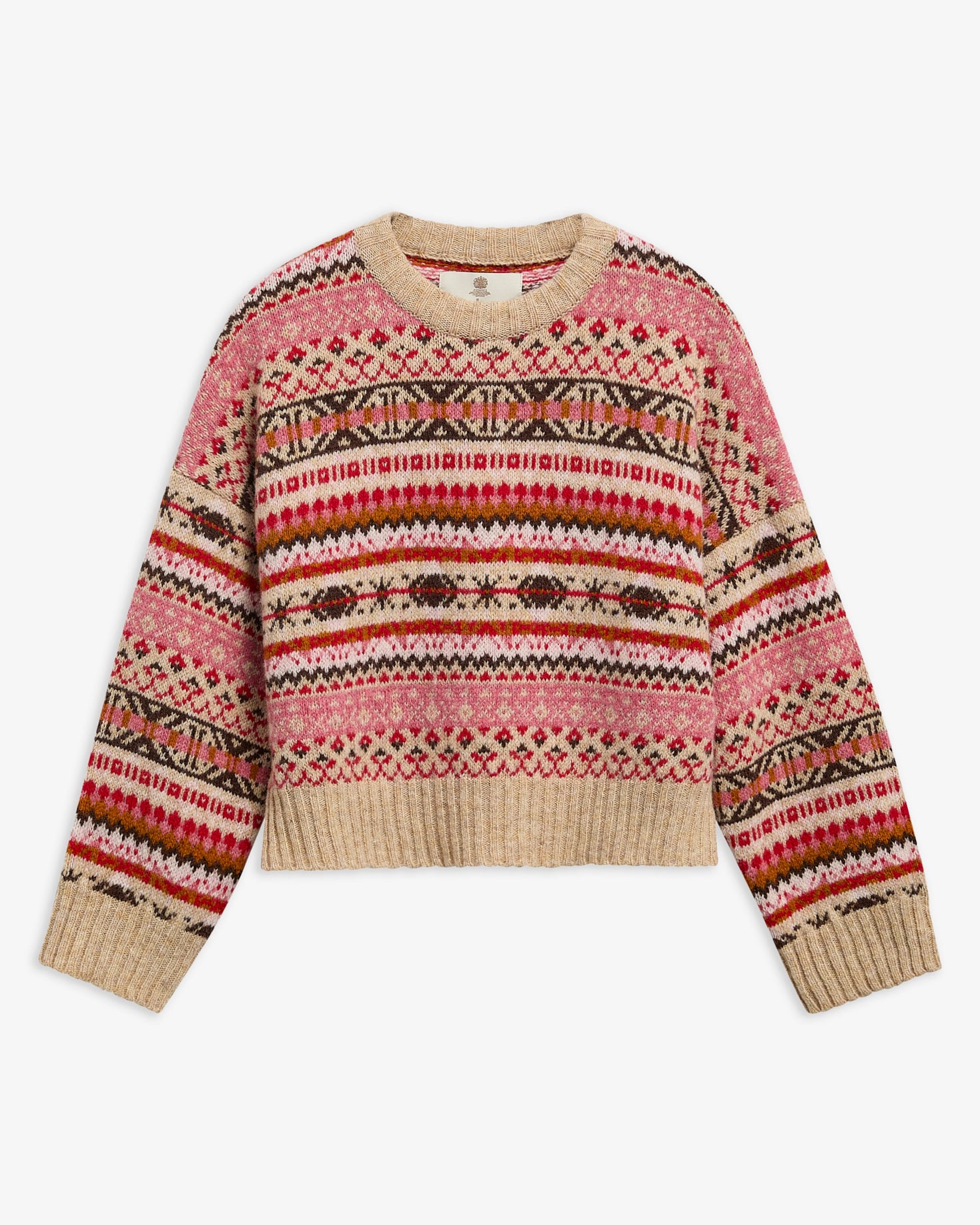 Scottish Made Overton Wool Cropped Crew Neck Jumper Raspberry Multi