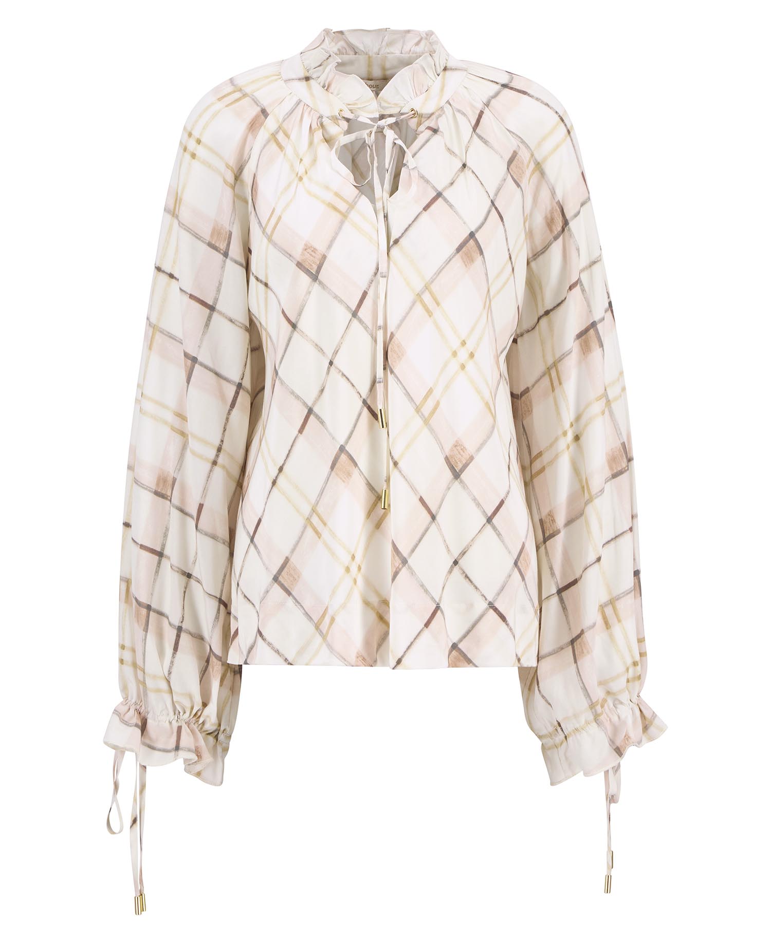Asker Check Ruffled Blouse Silver Peony Painted Check